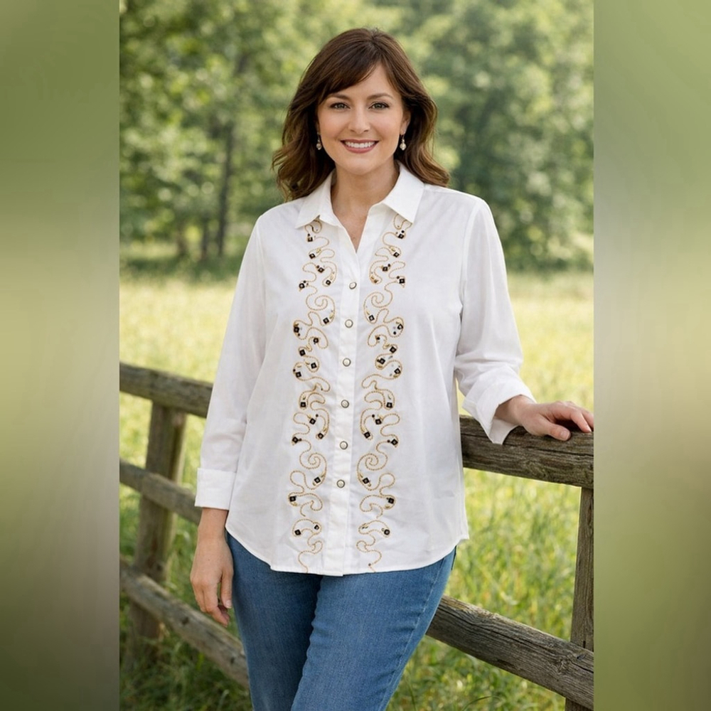 TanJay Embroidered Beaded Blouse Petite Size 12P